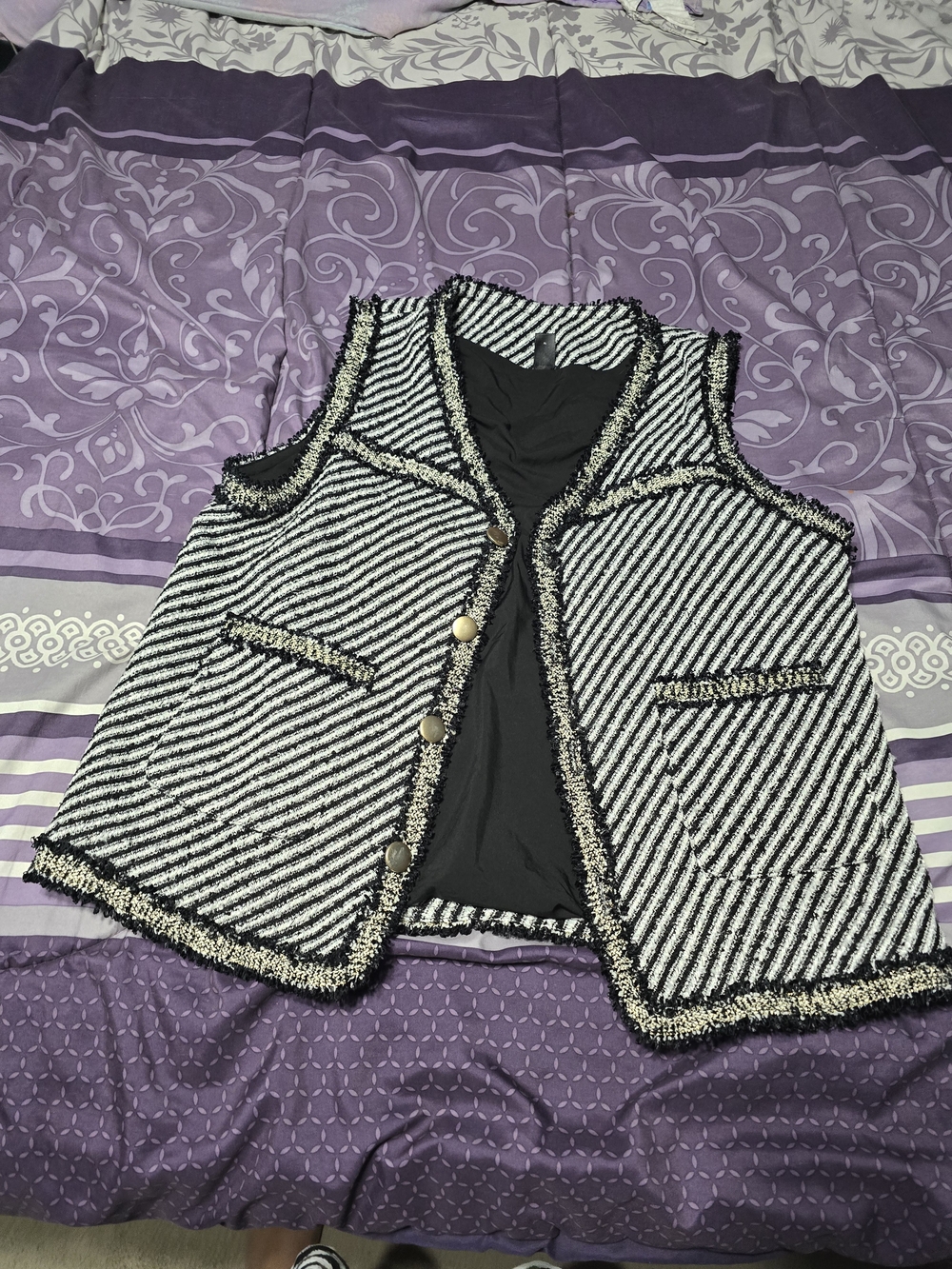 Womens Black & White Tweed Vest Jacket - Classic Button Front